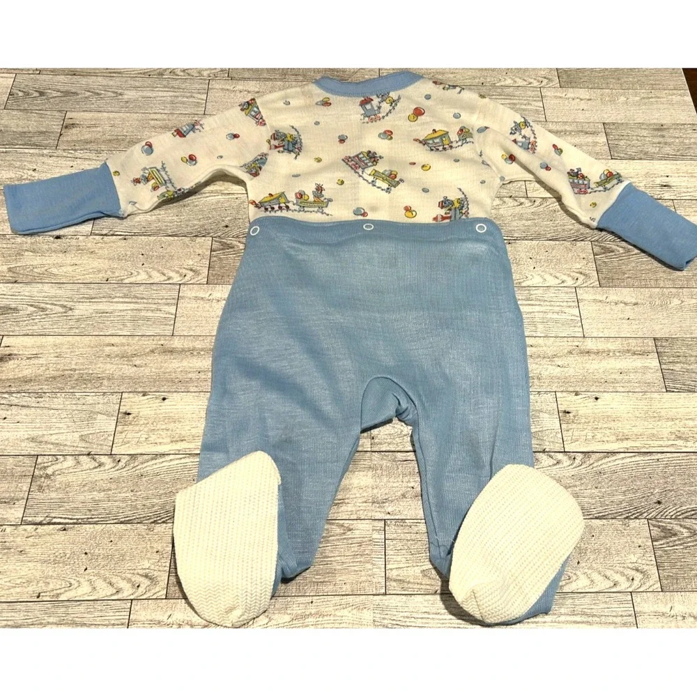 VTG Toddle Time Pajama Set Boys JC Penney Snap Button Sleepwear Blue Train SZ 1‎